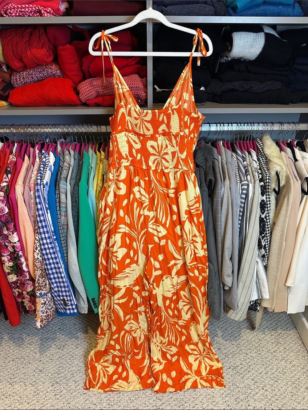 Patrons of Peace orange/yellow floral adjustable strap smocked jumpsuit size XL